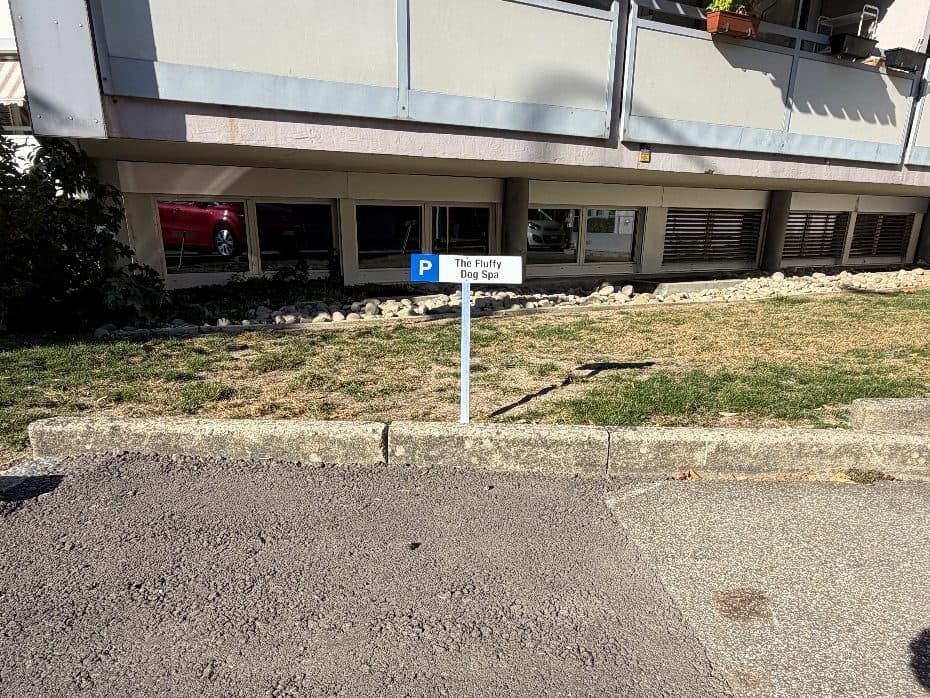 Parkplatz vor dem Haus mit dem blauen P-Schild «The Fluffy Dog Spa»